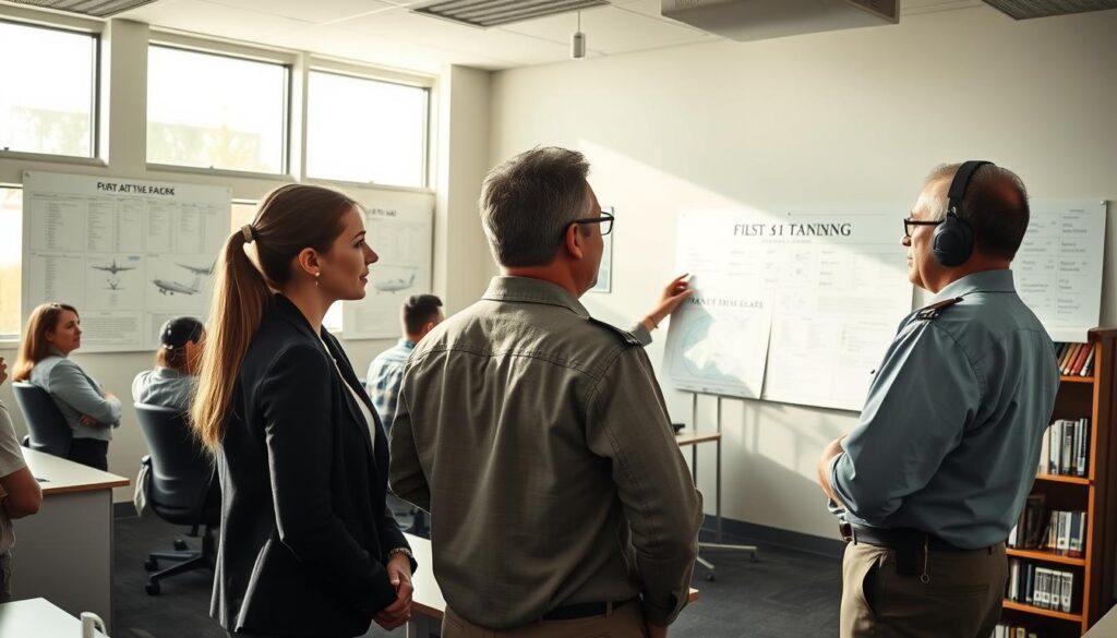 A serene pilot training classroom, showcasing a diverse group of aspiring pilots engaged in discussion. In the foreground, a young woman in professional attire is attentively listening to a middle-aged instructor, who is pointing to a large chart of aircraft types. The middle ground features a modern classroom with flight simulation equipment and charts on the walls, indicating both Part 61 and Part 141 training materials. Sunlight streams through large windows, creating a warm and inviting atmosphere that fosters learning. In the background, a small bookshelf filled with aviation books adds depth to the setting. The overall mood is focused and inspirational, highlighting the importance of educational choices in pilot training. Aim for an angle that captures both the engagement of the students and the interaction with the instructor, emphasizing the collaborative nature of learning to fly. A serene pilot training classroom, showcasing a diverse group of aspiring pilots engaged in discussion. In the foreground, a young woman in professional attire is attentively listening to a middle-aged instructor, who is pointing to a large chart of aircraft types. The middle ground features a modern classroom with flight simulation equipment and charts on the walls, indicating both Part 61 and Part 141 training materials. Sunlight streams through large windows, creating a warm and inviting atmosphere that fosters learning. In the background, a small bookshelf filled with aviation books adds depth to the setting. The overall mood is focused and inspirational, highlighting the importance of educational choices in pilot training. Aim for an angle that captures both the engagement of the students and the interaction with the instructor, emphasizing the collaborative nature of learning to fly.