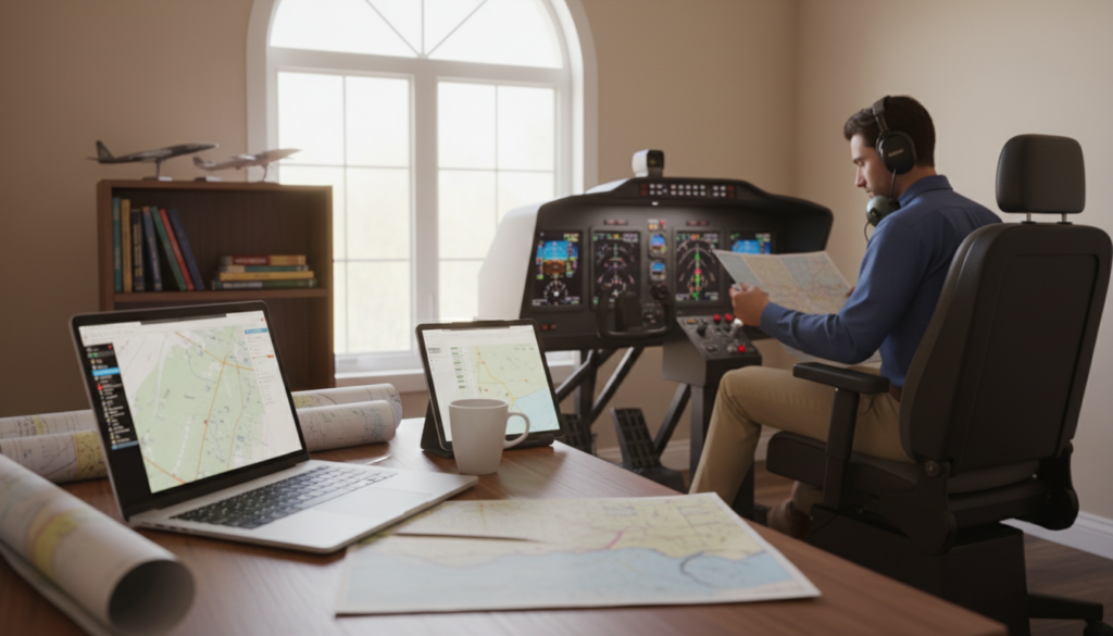 A serene study environment focused on aviation training for instrument rating. In the foreground, a well-organized desk featuring a laptop open to a flight planning software, accompanied by charts and a coffee mug. The middle section shows a flight simulator with realistic controls and gauges, while a focused individual in smart casual attire examines a chart. The background features a large window with soft natural light streaming in, illuminating a small bookshelf filled with aviation books. The atmosphere is calm and motivational, hinting at preparation and dedication. A subtle depth of field effects adds focus to the desk scene, creating a professional and inspiring workspace.