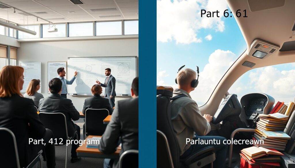 A split-image composition showcasing the differences in pilot training pathways. On the left, depict a classroom environment in a Part 141 program: students in professional business attire attentively watching a certified instructor at a whiteboard filled with charts and diagrams, with sunlight filtering through large windows. The training materials and structured classroom setting emphasize a formal curriculum. On the right, illustrate a more relaxed atmosphere of a Part 61 program: a solo student in modest casual clothing practicing in a simulator with a mentor providing guidance, surrounded by aviation books and aviation gear. Use natural lighting to create a warm, inviting feel. The background should hint at the sky with clouds, symbolizing flight, highlighting the varying approaches to training. A split-image composition showcasing the differences in pilot training pathways. On the left, depict a classroom environment in a Part 141 program: students in professional business attire attentively watching a certified instructor at a whiteboard filled with charts and diagrams, with sunlight filtering through large windows. The training materials and structured classroom setting emphasize a formal curriculum. On the right, illustrate a more relaxed atmosphere of a Part 61 program: a solo student in modest casual clothing practicing in a simulator with a mentor providing guidance, surrounded by aviation books and aviation gear. Use natural lighting to create a warm, inviting feel. The background should hint at the sky with clouds, symbolizing flight, highlighting the varying approaches to training.
