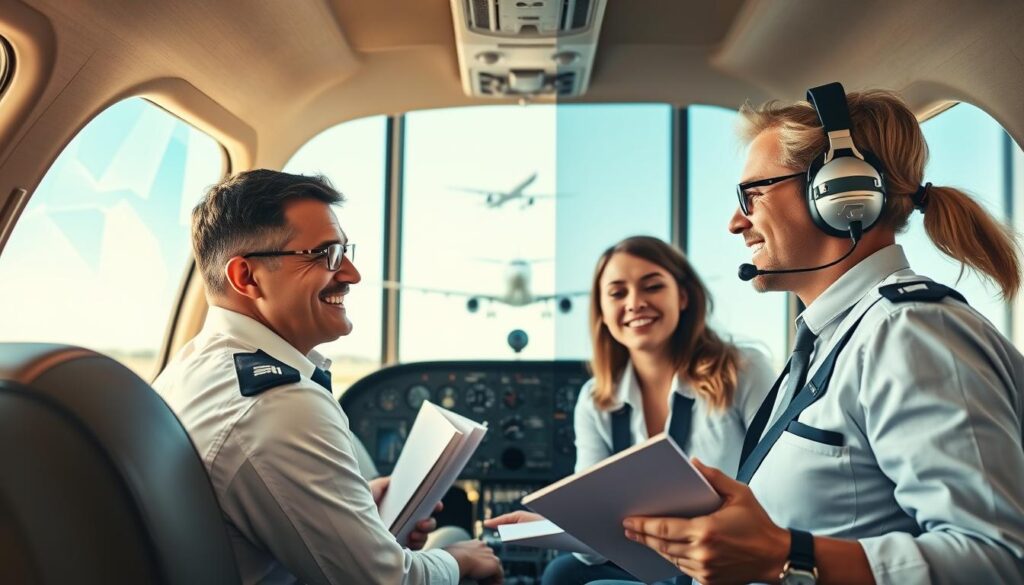 A split image showcasing the transition between flight instructors in a bright, well-lit aviation training environment. In the foreground, a diverse group of two pilots, one male and one female, are engaging in a friendly discussion, both dressed in professional aviation attire, with one holding a flight manual. Their expressions convey a sense of eagerness and collaboration. The middle ground features an open cockpit with flight instruments visible, symbolizing the hands-on experience. In the background, a large window reveals a clear blue sky with an airplane taking off, creating an atmosphere of opportunity and progress. The lighting is warm and inviting, suggesting a positive and nurturing learning environment. The angle is slightly above eye level, providing an overview of the scene while emphasizing the interaction between the instructors.