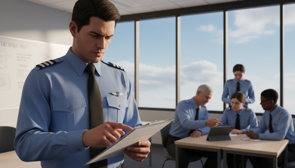 A stressed private pilot candidate stands in the foreground, anxiously reviewing a checklist, their brow furrowed in concentration. They wear a neatly pressed pilot uniform with a tie, symbolizing professionalism. In the middle ground, a classroom setting is depicted, with a flight instructor calmly observing and offering guidance. A large window shows a bright blue sky with distant clouds, hinting at the outside world and the joy of flying. Soft, natural light streams through the window, illuminating the scene and creating a warm, inviting atmosphere. The overall mood conveys a mix of pressure and support, highlighting the importance of work-life balance during the checkride preparation process. The composition focuses on the pilot's expression and determination, while the background subtly reflects the educational environment. A stressed private pilot candidate stands in the foreground, anxiously reviewing a checklist, their brow furrowed in concentration. They wear a neatly pressed pilot uniform with a tie, symbolizing professionalism. In the middle ground, a classroom setting is depicted, with a flight instructor calmly observing and offering guidance. A large window shows a bright blue sky with distant clouds, hinting at the outside world and the joy of flying. Soft, natural light streams through the window, illuminating the scene and creating a warm, inviting atmosphere. The overall mood conveys a mix of pressure and support, highlighting the importance of work-life balance during the checkride preparation process. The composition focuses on the pilot's expression and determination, while the background subtly reflects the educational environment.