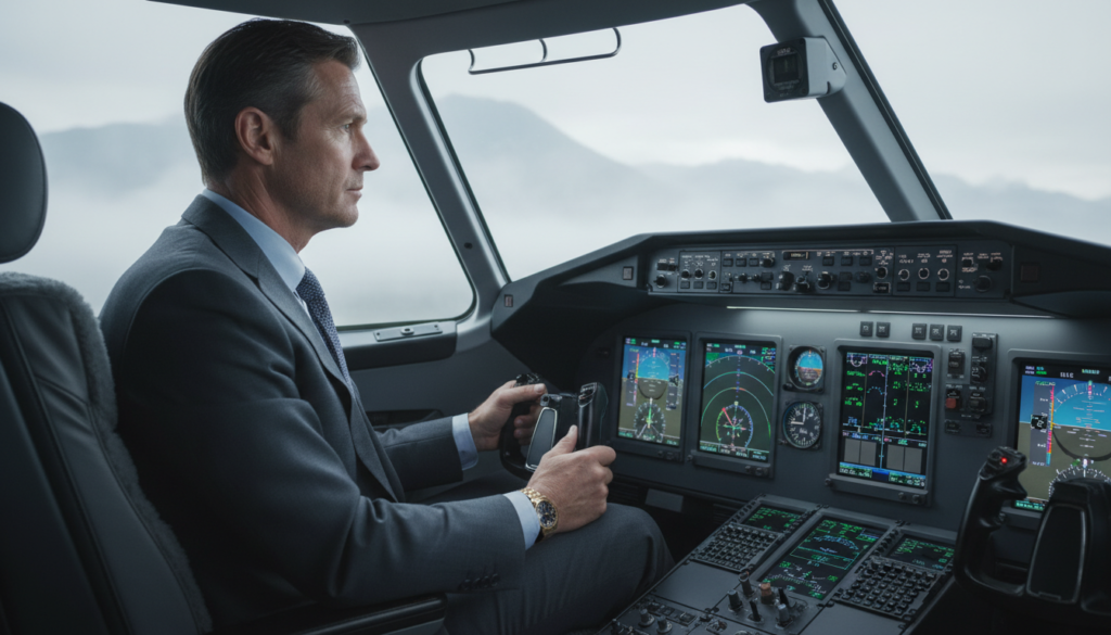 A veteran pilot in a modern cockpit, navigating through a foggy landscape. In the foreground, the pilot, dressed in professional business attire, is focused on intricate instruments and gauges, symbolizing the importance of precision and skill in instrument flying. In the middle ground, a view of the cockpit displays advanced avionics with glowing screens and dials. The background reveals a misty cloudscape, emphasizing the challenges of flying without visual references. Soft, diffused lighting creates a serene yet focused atmosphere, highlighting the pilot's determination and expertise. The angle captures both the pilot and the cockpit’s instruments, reflecting the theme of mastery in aviation that comes with obtaining an instrument rating. A veteran pilot in a modern cockpit, navigating through a foggy landscape. In the foreground, the pilot, dressed in professional business attire, is focused on intricate instruments and gauges, symbolizing the importance of precision and skill in instrument flying. In the middle ground, a view of the cockpit displays advanced avionics with glowing screens and dials. The background reveals a misty cloudscape, emphasizing the challenges of flying without visual references. Soft, diffused lighting creates a serene yet focused atmosphere, highlighting the pilot's determination and expertise. The angle captures both the pilot and the cockpit’s instruments, reflecting the theme of mastery in aviation that comes with obtaining an instrument rating.