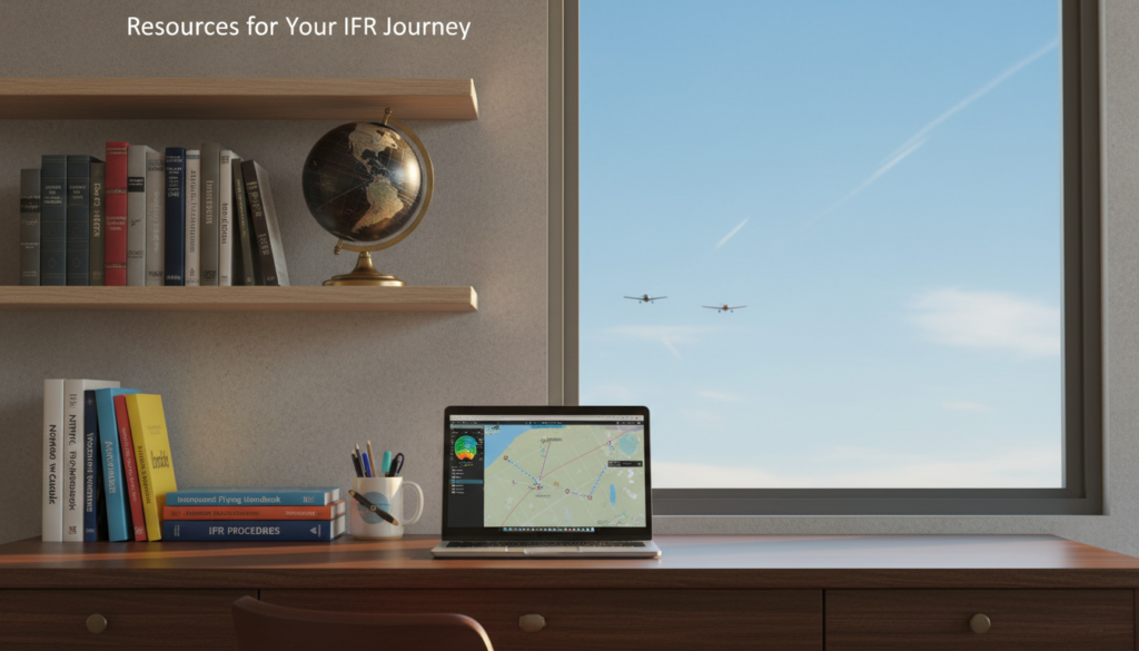 A vibrant and inviting workspace representing "Resources for Your IFR Journey." In the foreground, a sleek wooden desk is adorned with an open laptop displaying a flight planning software, a colorful stack of aviation manuals, and a coffee mug filled with pens. The middle ground features a wall-mounted shelf with well-organized aviation resource books and a globe, symbolizing global navigation. The background showcases a large window letting in warm, natural light, with a view of a clear blue sky and distant aircraft. Soft shadows create a professional yet relaxed atmosphere, emphasizing an environment conducive to learning and exploration. The focus should capture a blend of technology and traditional resourcefulness, inspiring the viewer’s journey into IFR.