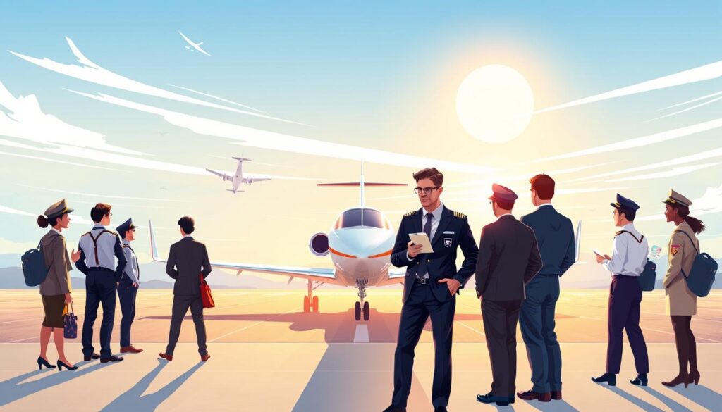 A vibrant illustration depicting various pilot career paths. In the foreground, show a diverse group of individuals in professional business attire, representing aspiring pilots, flight instructors, and airline captains, engaged in discussion while inspecting aviation charts. In the middle ground, feature a sleek modern aircraft on a runway, with a flight school logo clearly visible, symbolizing the training phase. In the background, depict an expansive sky transitioning from dawn to midday, with wisps of clouds and a bright sun, suggesting new opportunities. Use soft, natural lighting to evoke a sense of optimism and aspiration, capturing the essence of a career journey in aviation. The composition should be dynamic yet professional, without any text or overlays.