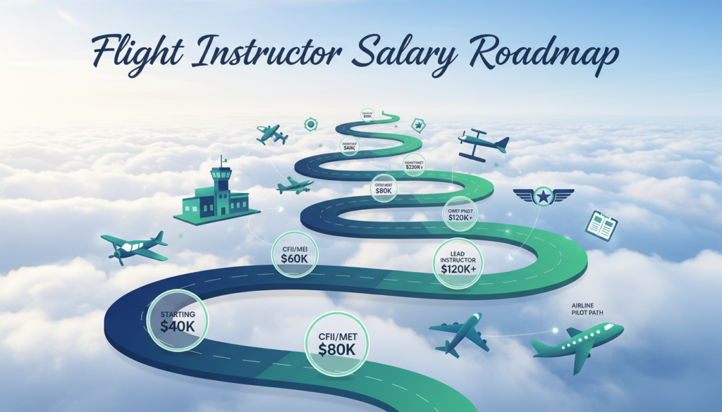 A visually engaging illustration of a "Flight Instructor Salary Roadmap," showcasing the career progression of a flight instructor. In the foreground, a detailed infographic-style roadmap with markers indicating different salary milestones, depicted in an elegant blue and green color scheme. In the middle ground, outline various aviation-related icons like airplanes, flight schools, and pilot badges, symbolizing career growth. The background features a serene sky with distant clouds, representing limitless opportunities. Soft, natural lighting enhances the mood, while a slight aerial perspective offers a unique view of the roadmap. The overall atmosphere conveys professionalism and aspiration, invoking a sense of growth and achievement in the aviation field.