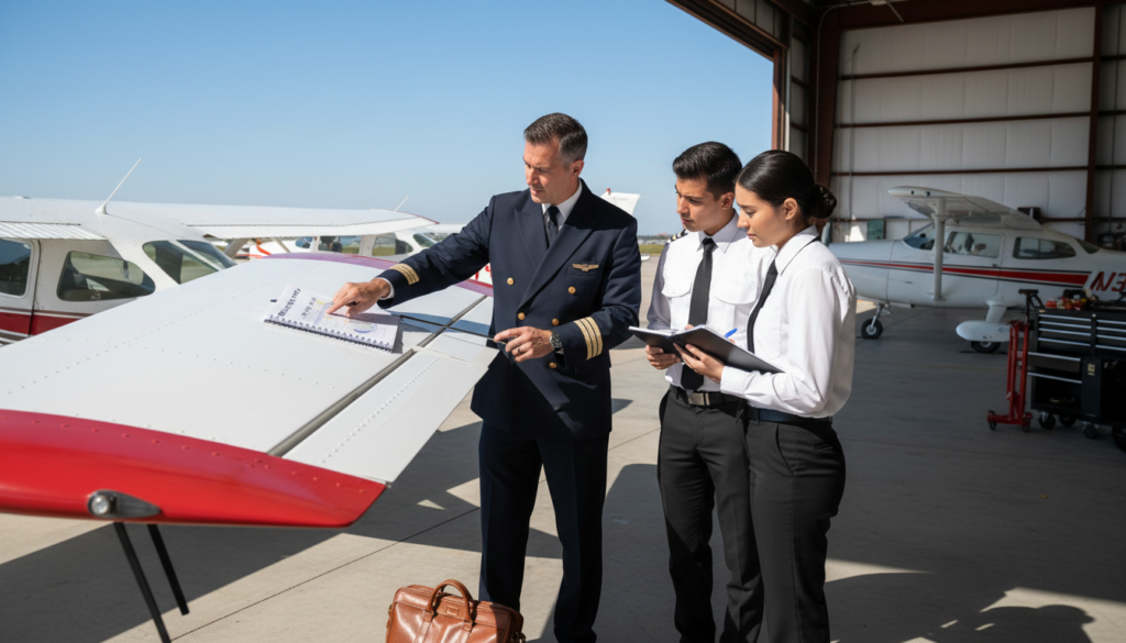 A well-lit training environment focused on flight safety, showcasing a confident flight instructor demonstrating spin recovery techniques. In the foreground, a CFI in a smart uniform, equipped with a flight bag, stands beside a small single-engine aircraft with a bright blue sky in the background. The instructor gestures towards an open flight manual resting on the aircraft wing, highlighting essential safety procedures. In the middle ground, two attentive student pilots in professional attire observe closely, taking notes. The background features hints of a flight school hangar with a few other planes and equipment, creating a sense of an active training environment. The scene conveys a serious yet motivating atmosphere, emphasizing the importance of ongoing education and preparedness in aviation training. The lighting is bright and natural, capturing the clarity and focus of the training session.