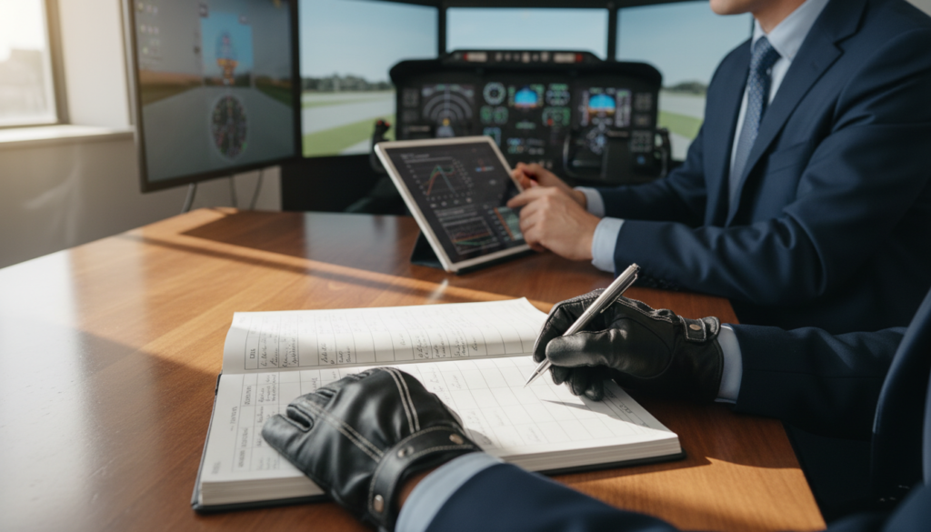 A well-organized logbook lies open on a polished wooden desk, featuring detailed entries about post-spin training exercises. In the foreground, a pair of hands in professional flight gloves are poised over the logbook, ready to write with a sleek pen. In the middle ground, an aviation instructor, dressed in a smart business attire, examines flight data on a tablet while closely observing a flight simulator setup in the background. Soft, natural lighting streams through a nearby window, casting gentle shadows that enhance the learning atmosphere. The overall mood is focused and professional, encapsulating the essence of continual skill development in aviation training. The angle is slightly overhead, highlighting the logbook’s contents and the engaged instructor, ensuring clarity and depth in the composition.