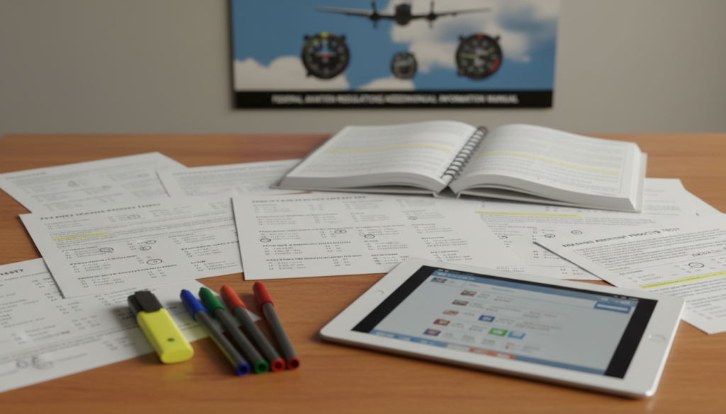 A well-organized study desk filled with IFR written practice tests laid out neatly on white paper. In the foreground, a polished wooden desk features colorful pens and a highlighter, alongside a digital tablet displaying a practice test interface. In the middle, scattered sheets of paper show technical aviation questions and answer formats, while a well-used flight manual is open, showcasing highlighted sections. The background presents a softly blurred image of an aviation-themed poster, bringing focus to the study area. The lighting is warm and inviting, creating a cozy learning atmosphere, while soft shadows accentuate the textures of the desk and papers. This scene conveys a sense of diligence and preparation for an upcoming instrument checkride. A well-organized study desk filled with IFR written practice tests laid out neatly on white paper. In the foreground, a polished wooden desk features colorful pens and a highlighter, alongside a digital tablet displaying a practice test interface. In the middle, scattered sheets of paper show technical aviation questions and answer formats, while a well-used flight manual is open, showcasing highlighted sections. The background presents a softly blurred image of an aviation-themed poster, bringing focus to the study area. The lighting is warm and inviting, creating a cozy learning atmosphere, while soft shadows accentuate the textures of the desk and papers. This scene conveys a sense of diligence and preparation for an upcoming instrument checkride.