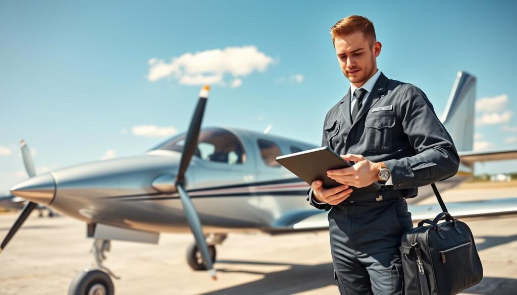 A young pilot in a professional flight suit stands confidently next to a small training aircraft on a sunny day, symbolizing entry-level pilot jobs. In the foreground, the pilot, a Caucasian male with a determined expression, checks his flight plan on a tablet while holding a flight bag. The middle section features the aircraft, a sleek single-engine plane, with a polished metal finish reflecting the sunlight. In the background, a clear blue sky with a few fluffy clouds complements an airfield dotted with other training aircraft. The scene is well-lit, capturing the excitement and ambition of aspiring pilots. Use a wide-angle lens to encapsulate the entire setting with a bright, uplifting atmosphere, highlighting the theme of cost-effective flight training. A young pilot in a professional flight suit stands confidently next to a small training aircraft on a sunny day, symbolizing entry-level pilot jobs. In the foreground, the pilot, a Caucasian male with a determined expression, checks his flight plan on a tablet while holding a flight bag. The middle section features the aircraft, a sleek single-engine plane, with a polished metal finish reflecting the sunlight. In the background, a clear blue sky with a few fluffy clouds complements an airfield dotted with other training aircraft. The scene is well-lit, capturing the excitement and ambition of aspiring pilots. Use a wide-angle lens to encapsulate the entire setting with a bright, uplifting atmosphere, highlighting the theme of cost-effective flight training.
