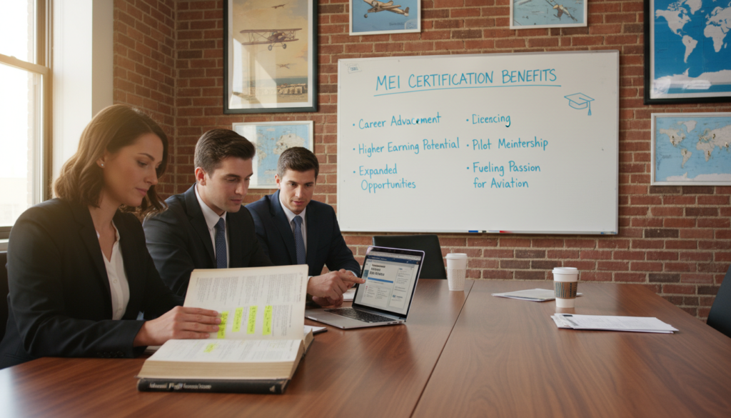 In a professional classroom setting, a diverse group of three students, two men and one woman, dressed in smart business attire, are engaged in studying for the FAA MEI exam. The foreground features an open textbook clutched by one student, with highlighted notes and a laptop displaying relevant study resources. In the middle ground, a large whiteboard illustrates the key benefits of MEI certification, with diagrams and bullet points. The background shows a cozy, well-lit study space with aviation-themed posters and charts on the walls, casting a warm, inviting atmosphere. Soft natural light streams through a window, enhancing the focus on the collaborative studying. The scene conveys motivation, professionalism, and the rewards of pursuing a career in aviation education. In a professional classroom setting, a diverse group of three students, two men and one woman, dressed in smart business attire, are engaged in studying for the FAA MEI exam. The foreground features an open textbook clutched by one student, with highlighted notes and a laptop displaying relevant study resources. In the middle ground, a large whiteboard illustrates the key benefits of MEI certification, with diagrams and bullet points. The background shows a cozy, well-lit study space with aviation-themed posters and charts on the walls, casting a warm, inviting atmosphere. Soft natural light streams through a window, enhancing the focus on the collaborative studying. The scene conveys motivation, professionalism, and the rewards of pursuing a career in aviation education.