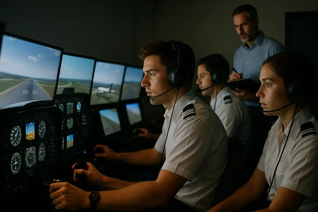 Airbus pilot training session with instructor and cadet reviewing cockpit procedures