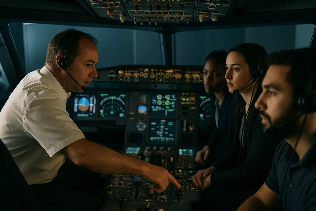 Airbus training methods session with pilots reviewing simulator procedures