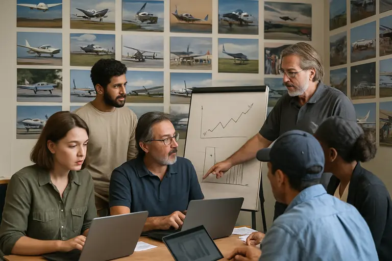 Flight instructor marking notes while students review a training profile
