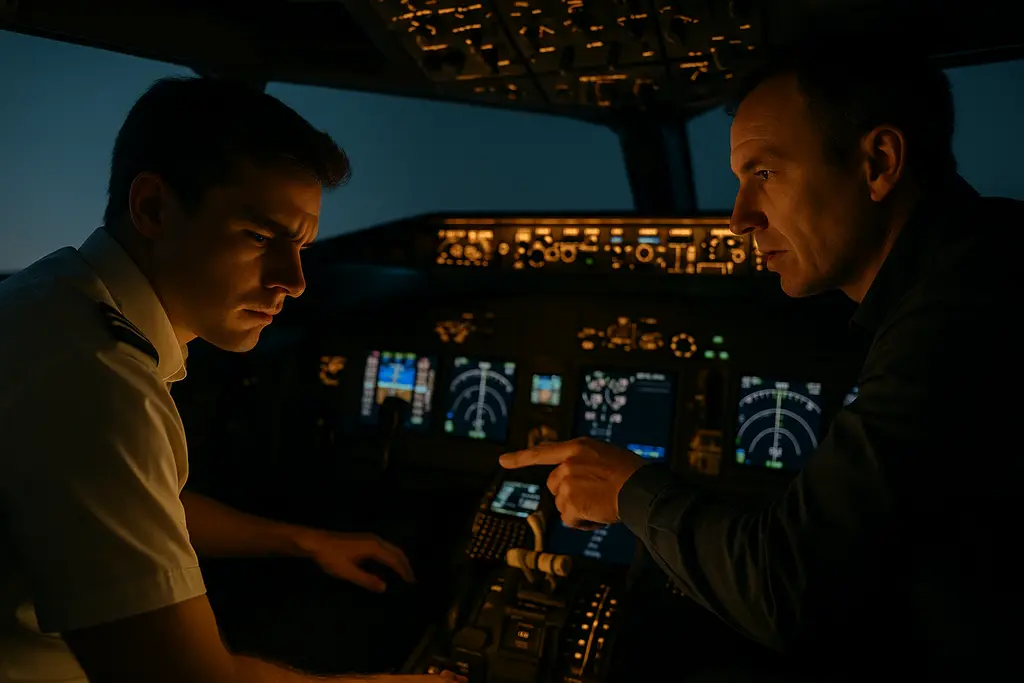 MR pilot training session with student pilot using a headset in a supervised simulator bay