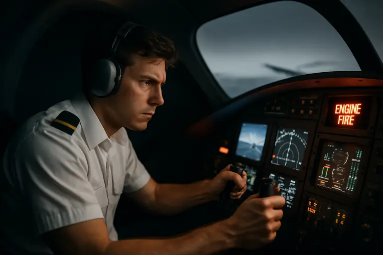 Pilot practicing cockpit procedures with avionics and checklist materials visible