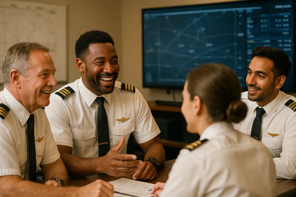 Pilot Teamwork Training session with an instructor and two student pilots in a simulator briefing