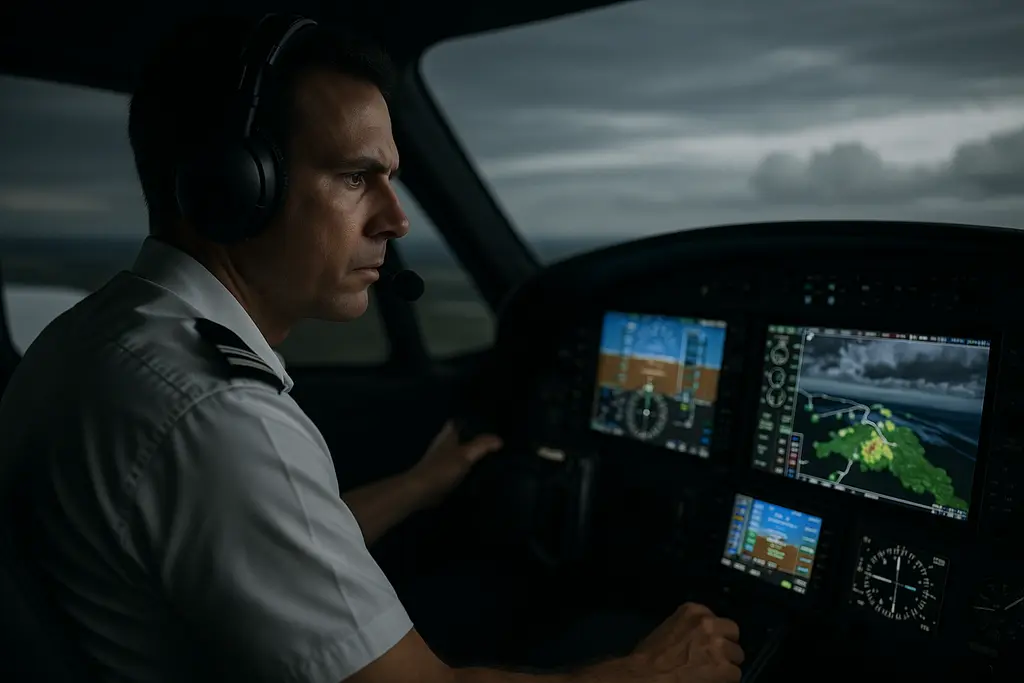Student and instructor review pilot training models in a simulator briefing