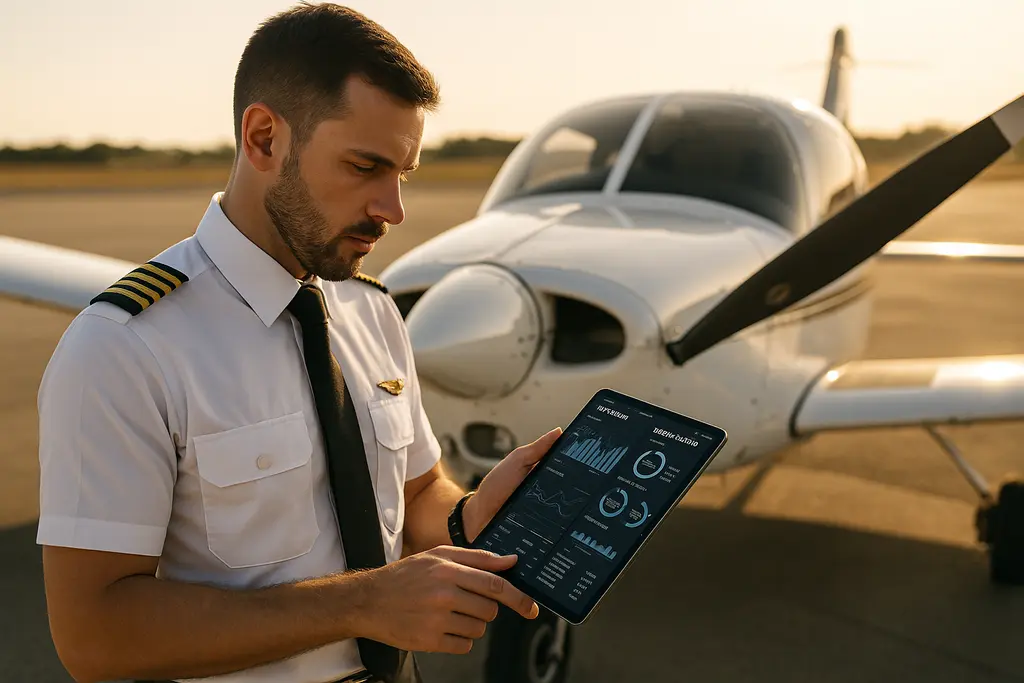 Instructor reviews pilot training safety data with a student in a simulator bay