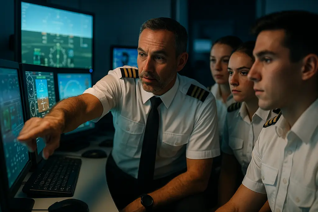 Pilot training technology session with instructor reviewing simulator performance