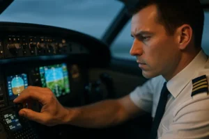 Student pilot using pilot training technology in a simulator briefing room