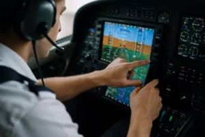 Pilot using a tablet to study a virtual aircraft cockpit layout