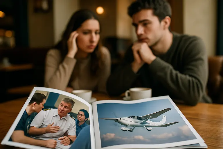 Student pilot and instructor discussing a flight plan at a desk
