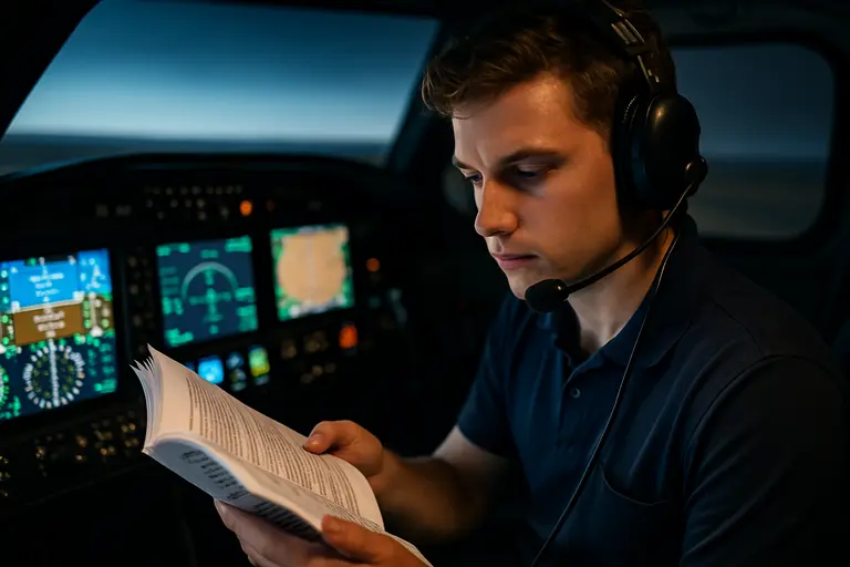 Student pilot reviewing a checklist before a training flight