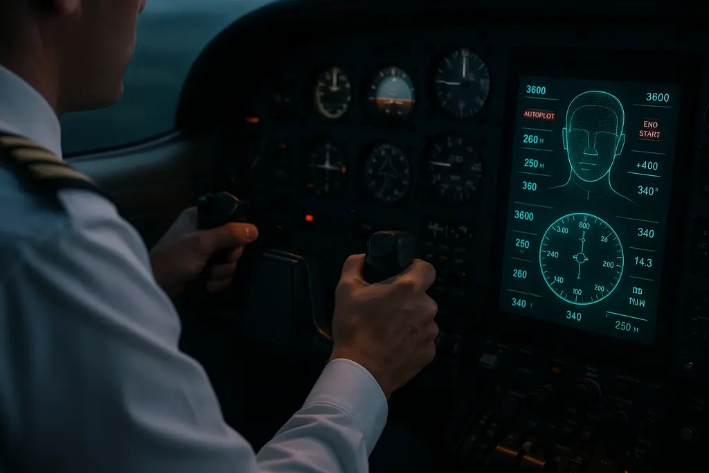 Virtual Co-Pilot Systems display beside a pilot training simulator cockpit