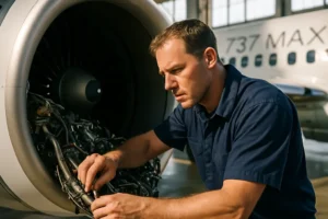 Instructor briefing a 737 MAX inspections scenario beside a simulator bay