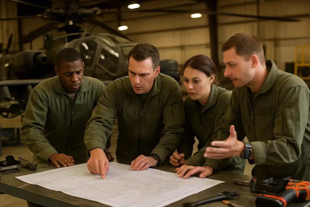 Apache Fleet Grounding safety review with helicopter crew preparing for a training brief