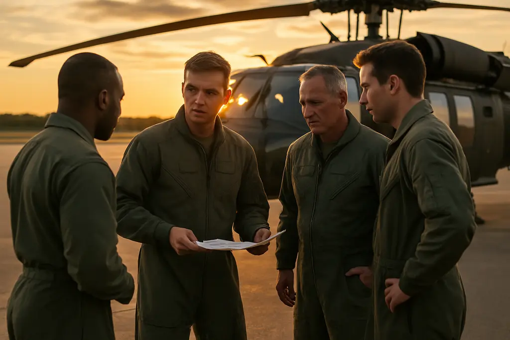 Army Pilot Training crew briefing beside a helicopter on a training ramp
