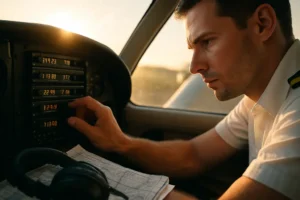 Aviation communication training in a cockpit with pilots reviewing radio procedures