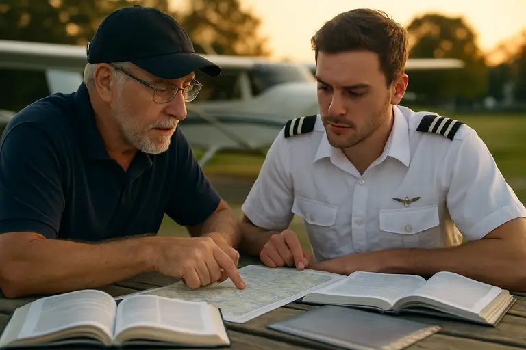 Pilot applicant checking altitude planning notes in a cockpit before flight