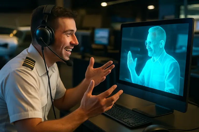 Pilot student studying procedures beside a desktop simulator and tablet
