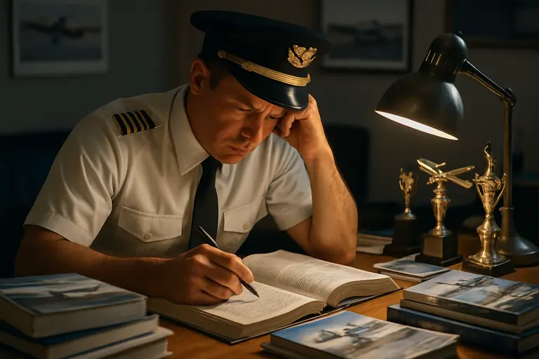 Pilot studying certification materials beside a training aircraft