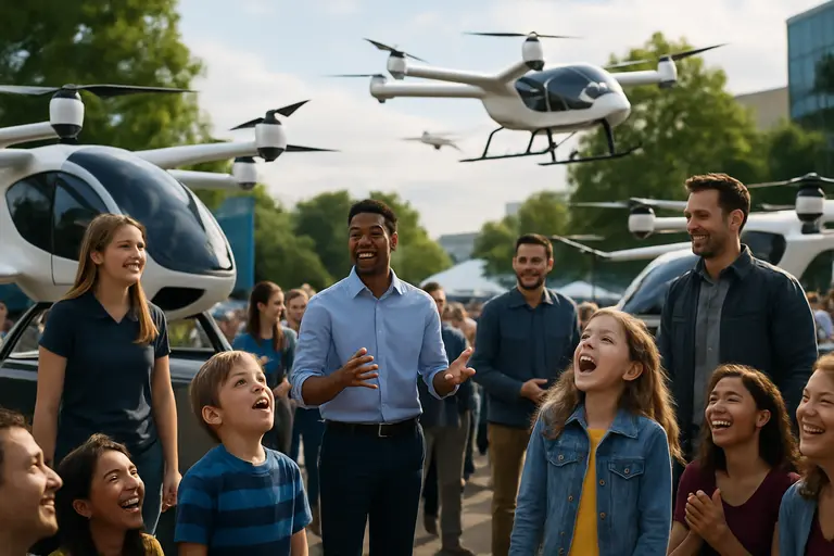Electric air taxi aircraft lifting off near an urban waterfront