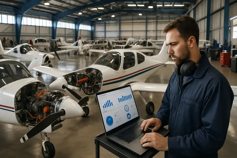 Flight school hangar with aircraft, maintenance tools, and briefing areas