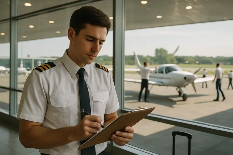 Student pilot compares training notes, headset, and logbook before a lesson