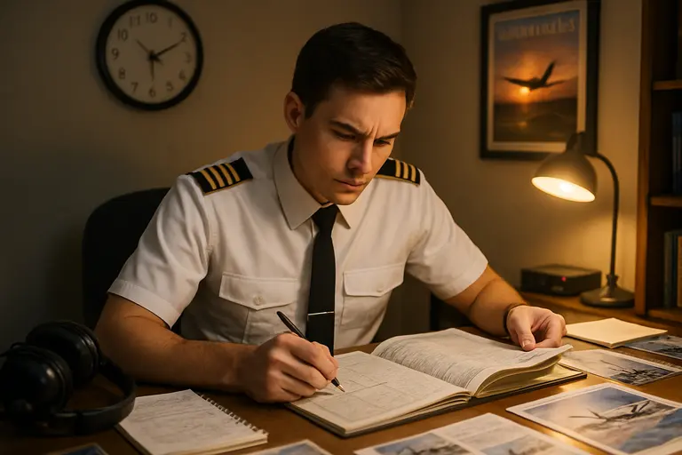 Student pilot checking certification records beside a laptop