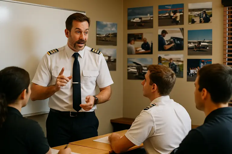 Flight instructor briefing a student beside a trainer aircraft at a small airport