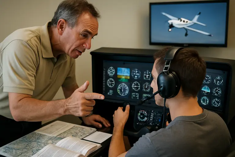 Flight instructor points to a checklist while a student prepares notes