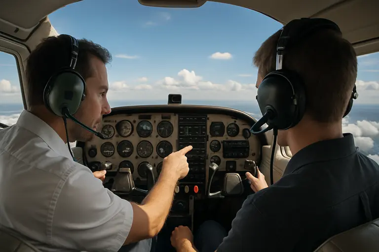 Civilian flight instructor discussing simulator procedures with a student pilot