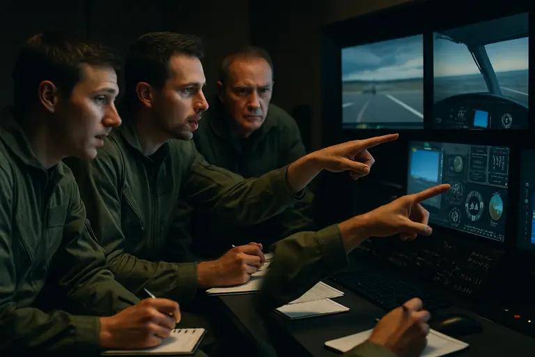 Flight instructor and student reviewing radio procedures in a cockpit