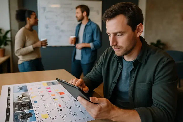 Flight instructors comparing simulator lesson plans at a training center