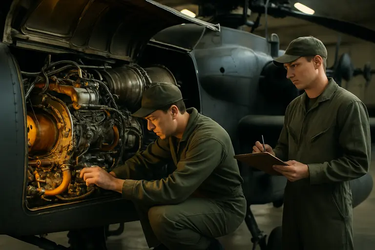 Helicopter maintenance team inspecting aircraft components before flight