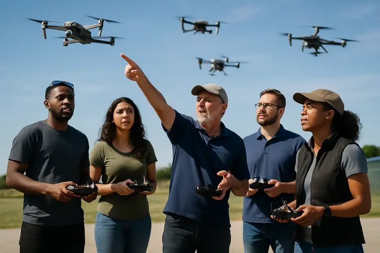 Instructor leading a remote pilot class with drone equipment on a table