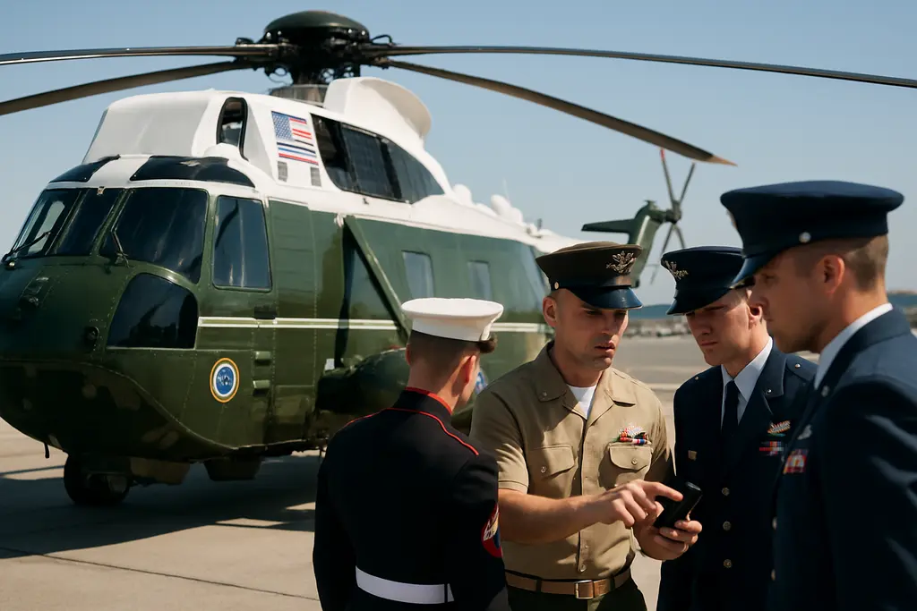 Marine One communication training scene with helicopter and control tower