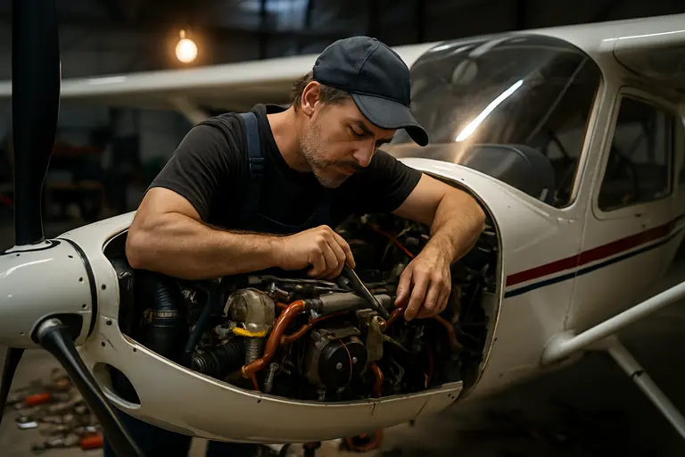 Mechanic inspecting a light aircraft in a hangar