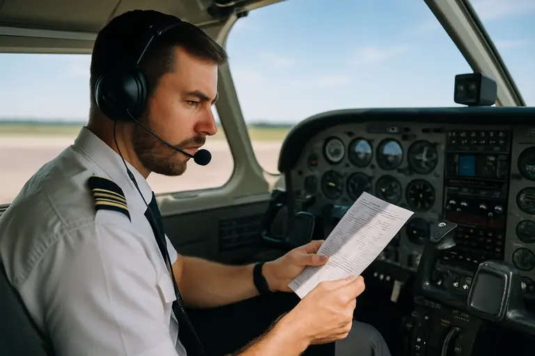 Pilot checking radios and traffic display before departure