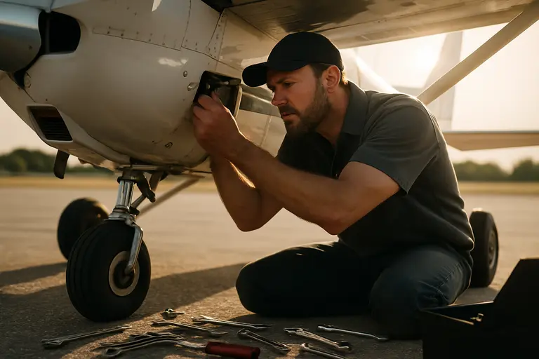 Pilot inspecting control surfaces during a preflight walkaround